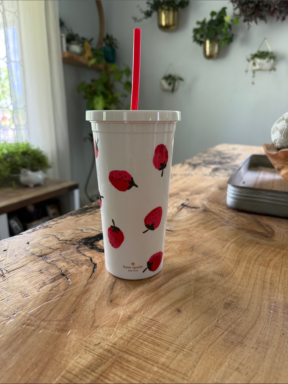 kate spade White Strawberry Print Travel Tumbler with Red Straw